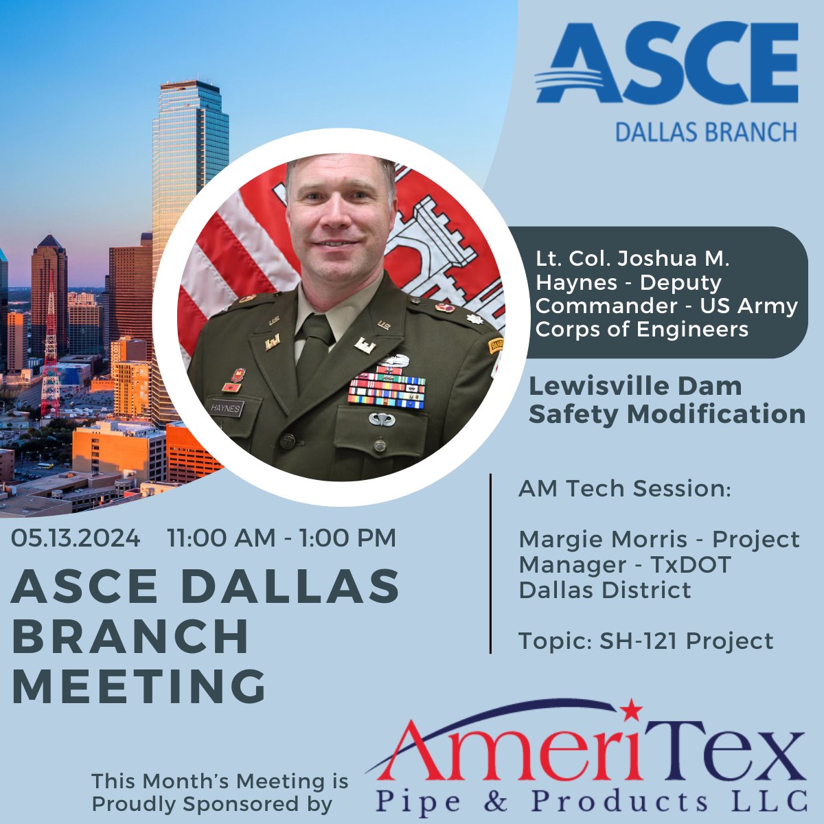 👋 Join us on Monday May 13th for our monthly ASCE Dallas meeting! This month's meeting is proudly sponsored by AmeriTex Pipe &amp; Products! The itinerary for this month's meeting is below! 👇

Register now 👉 lnkd.in/g9iivRT2