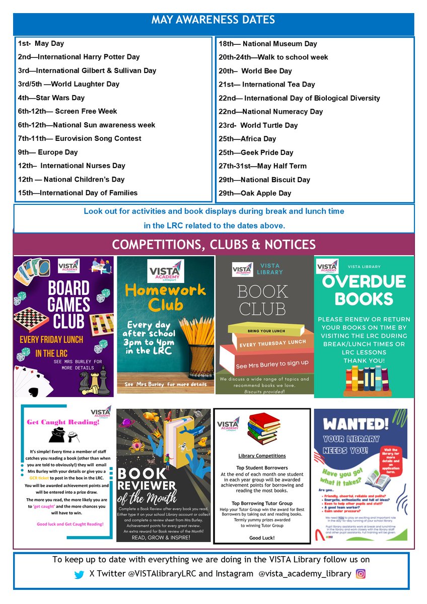 Here is our May 2024 VISTA library Newsletter. Jam packed with information, achievements, competitions, recommended reads, new books, clubs and more... @uksla @GreatSchLibs @AccessitLib @ELA_Trust @CarnegieMedals @eplatformuk @LexiaUK @nicolakidsbooks #readingforpleasure #YABooks