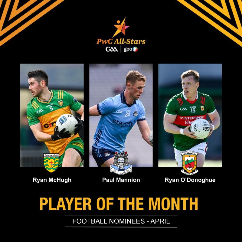 Here are the nominees for April's PwC @officialgaa / @gaelicplayers Football Player of the Month: ⭐ Ryan McHugh - @officialdonegal ⭐ Paul Mannion - @DubGAAOfficial ⭐ Ryan O'Donoghue - @MayoGAA Who will take home the trophy? #PwCAllStars