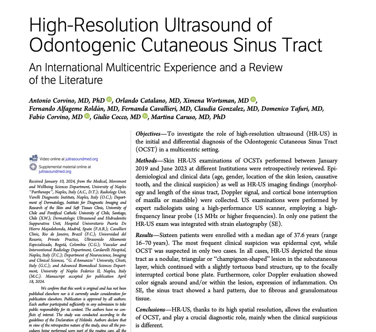 Check this multicentric experience on the Ultrasound of the Odontogenic Cutaneous Sinus Tract, which is a powerful simulator of other dermatologic conditions. Great work by Corvino et al., where I had the honor to contribute. Link: pubmed.ncbi.nlm.nih.gov/38708914/ @sonoskin @xworts