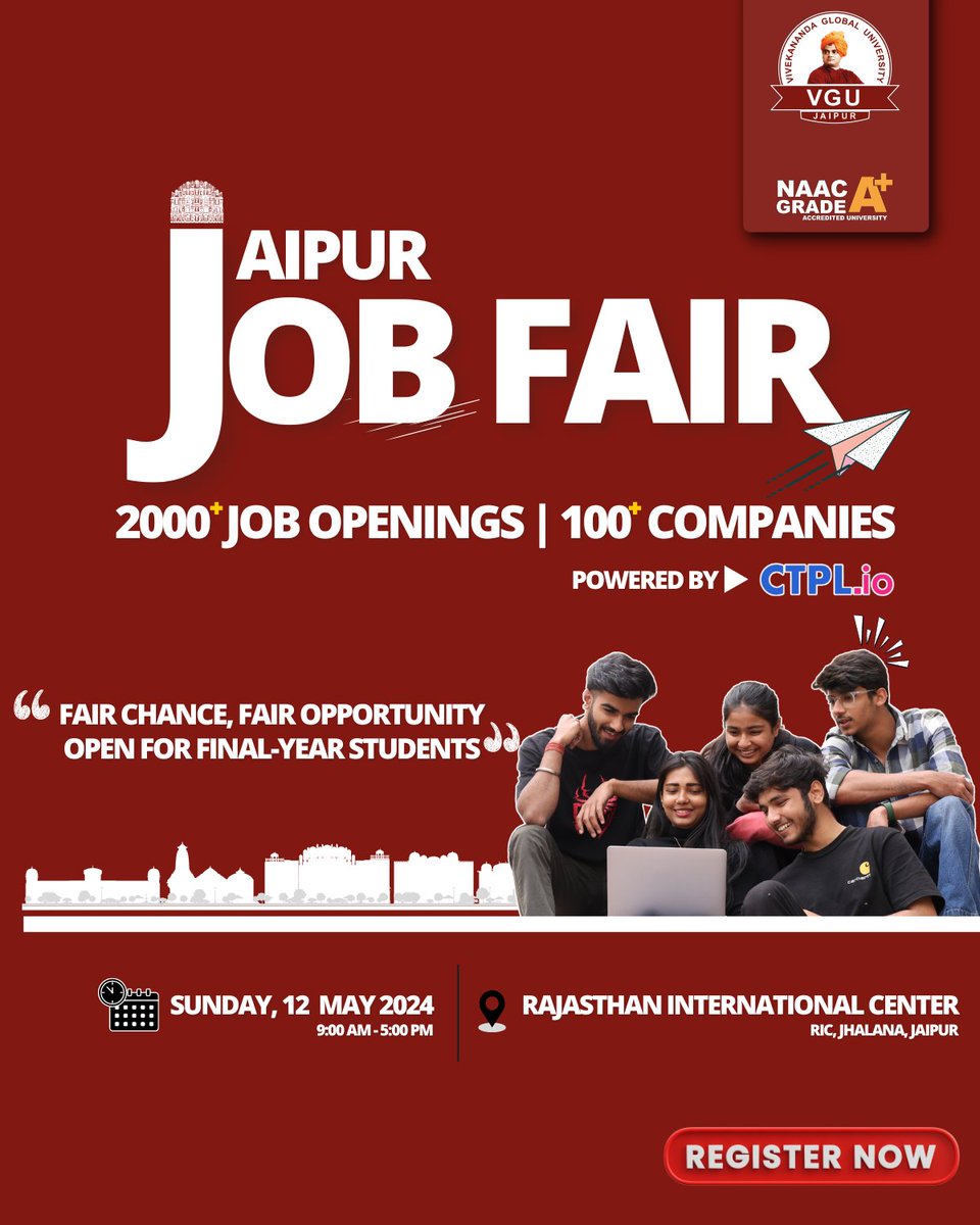 Jaipur Job Fest: Your Launchpad to Success! 🚀 Over 40 companies, 2000+ job openings - this is your chance to kickstart an extraordinary career adventure! Mark your calendars for May 12th, 9 AM onwards. Don't miss out on this game-changing opportunity to land your dream job.