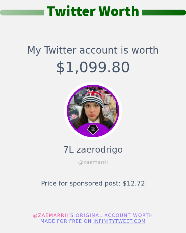 My Twitter worth is: $1,099.80

➡️ infinitytweet.me/account-worth