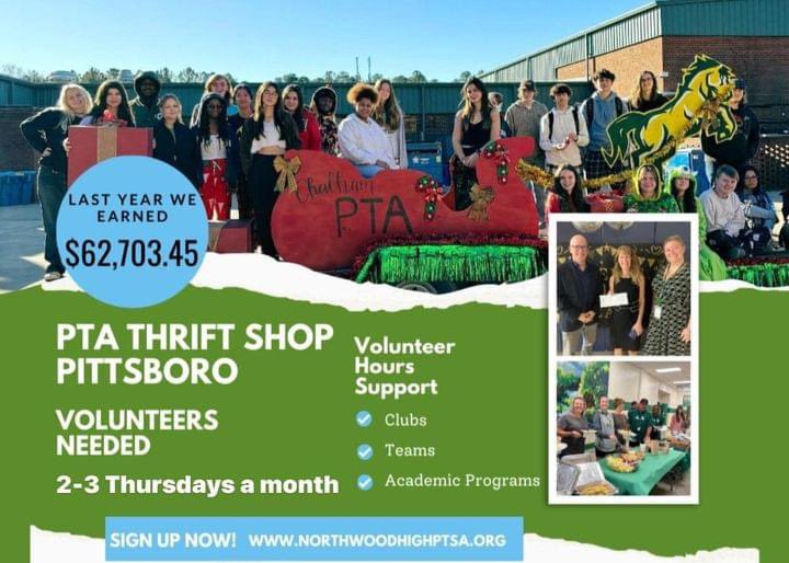 Support @NHSChargers clubs and organizations by volunteering at the Pittsboro PTA Thrift Shop! Upcoming workgroups: May 9th, 16th, and 23rd! Click the link below to learn more and sign up! northwoodhighptsa.org/thrift-shop #GoChargers