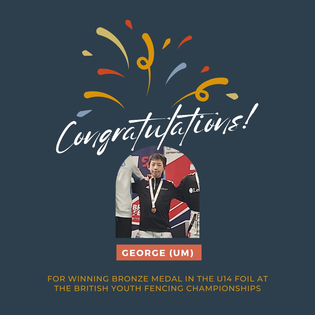 Congratulations to George (UM) for winning Bronze medal in the U14 Foil at the British Youth Fencing Championships this weekend! 🎉🤺 What an incredible achievement! 👏