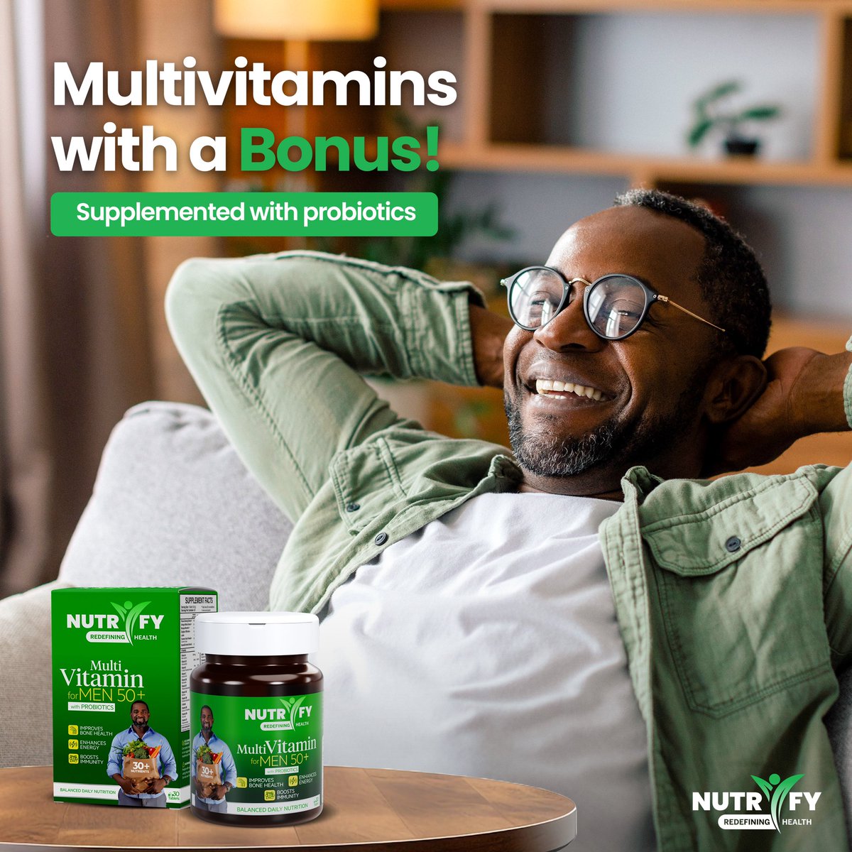 Age is just a number, especially when you've got Nutrify on your side! 🚀 Stay ahead of the game with our Multivitamin for Men 50+, now infused with the power of Probiotics—all in one handy bottle. 💪 Embrace the Nu You at any age! #TheNuYou #Multivitamins #50Plus #MV50Plus