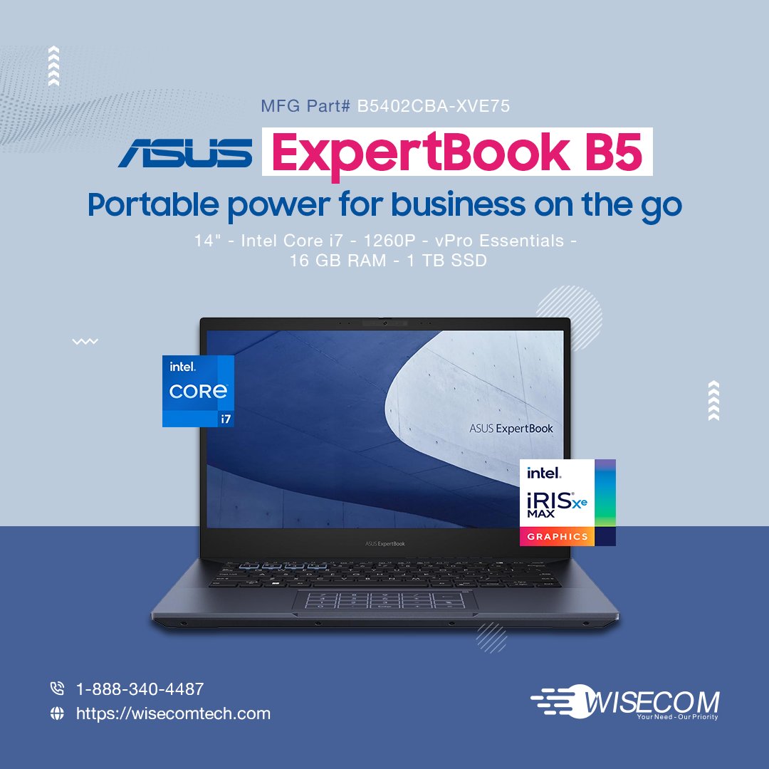 📌 ASUS ExpertBook B5 B5402CBA-XVE75 - 14' - Intel Core

Contact Us: 👇👇👇
📧 marketing@wisecomtech.com 
🔗 wisecomtech.com/b5402cba-xve75

#wisecomtech #ITproducts #ASUS #ExpertBook #B5 #B5402CBA #XVE75 #14Inch #IntelCore #ProfessionalLaptop #hotsalling #highlights #usa #wtb