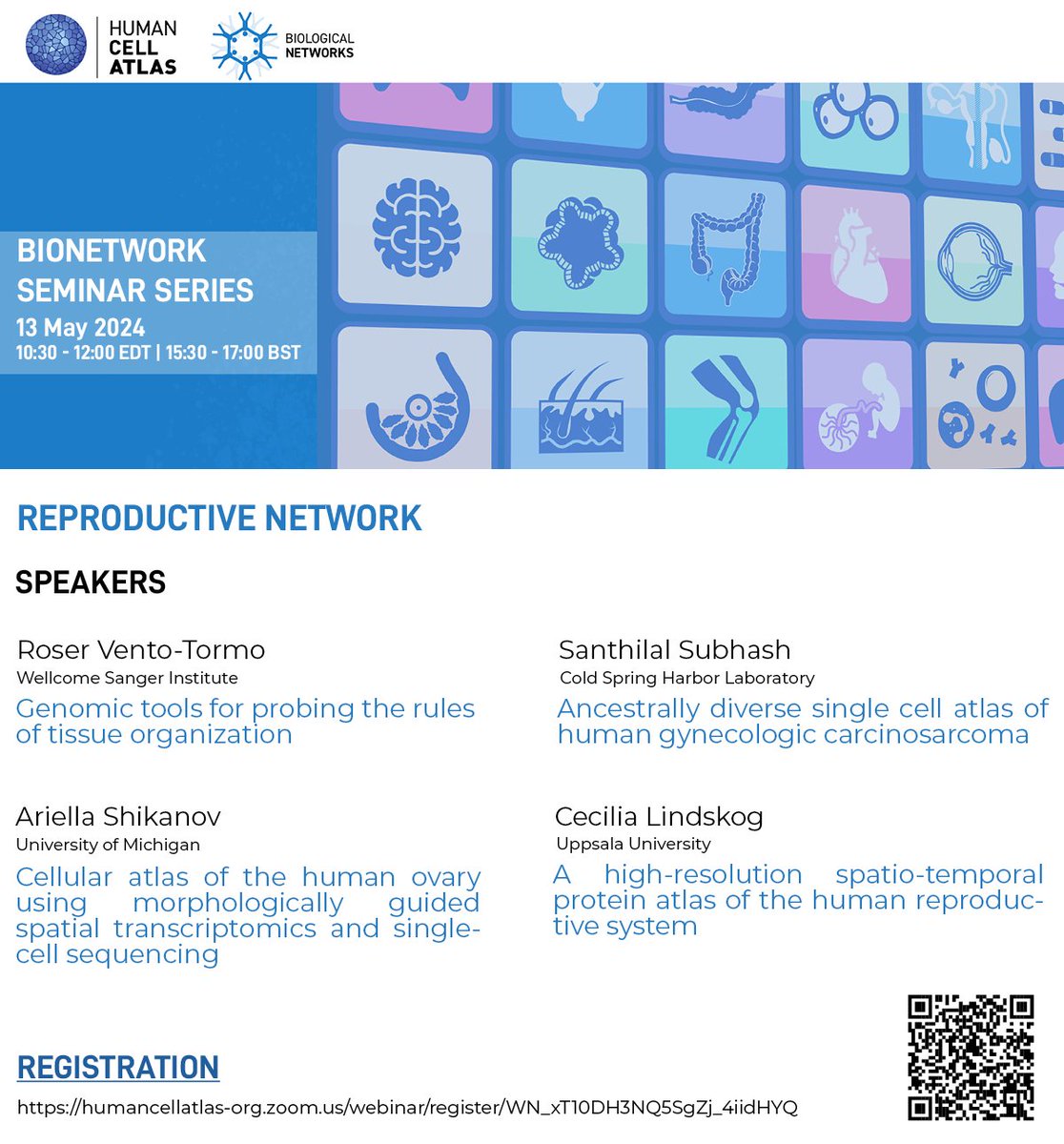 Don’t forget to register for next week’s HCA Biological Network Seminar featuring the Reproduction Bionetwork. Monday,13 May 10:30-12:00 EDT / 15:30-17:00 BST. Register at: humancellatlas-org.zoom.us/webinar/regist…