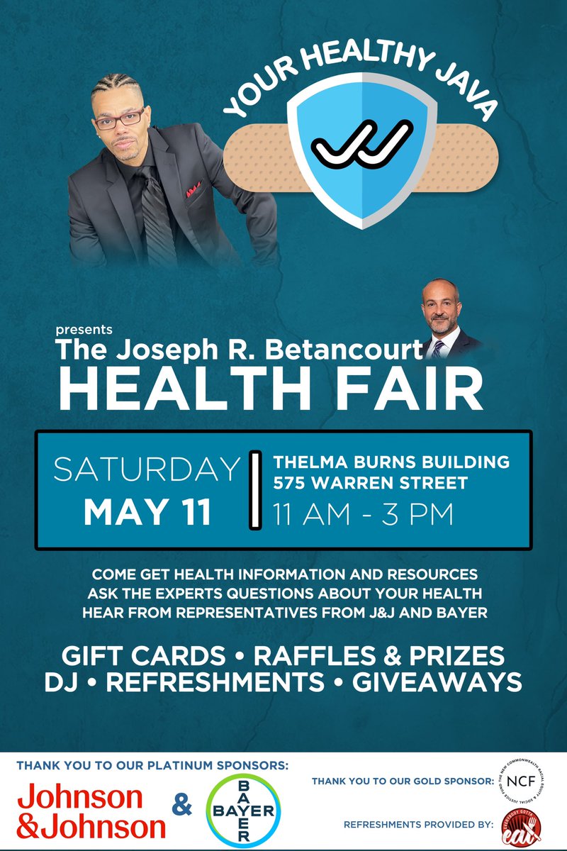 Saturday’s #YourHealthyJava Joseph R. Betancourt Health Fair is made possible @JNJInnovMed & @BayerUS & @NCFMass Thank you to our sponsors. Join us... jwj.info/healthfair24! Also thanks to @RickLee6 for picking up the mantle from @Jbetancourtpr supporting #healthequity