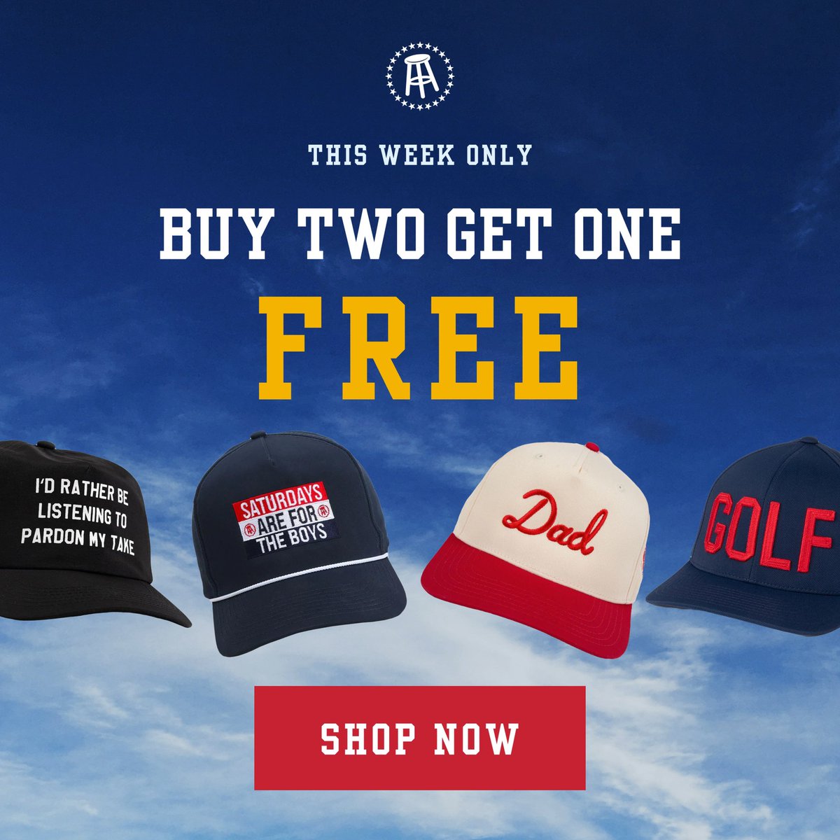 Buy 2 hats, get 1 FREE. THIS WEEK ONLY Shop now: store.barstoolsports.com/collections/di…
