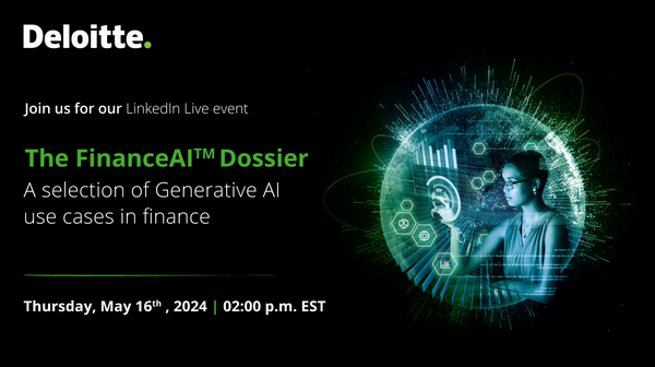 #CFOs, join our GenAI in Finance Dossier #LinkedInLive on May 16 and explore powerful AI use cases for your organization. Register now. deloi.tt/4aIWKRK