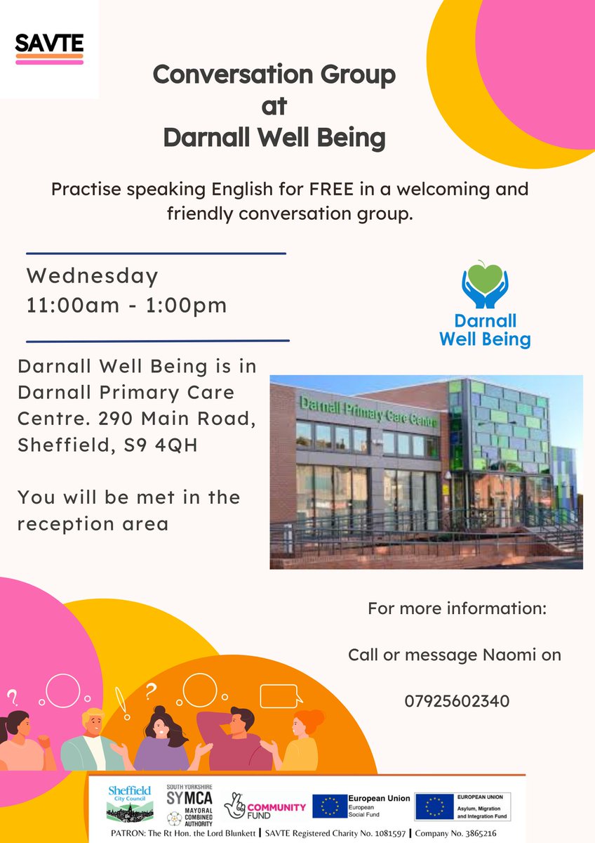 We're so pleased to have been able to work with @SAVTE2 to bring a Conversation Group back to Darnall Primary Care Centre. Starts tomorrow! 🙌 #Collaboration