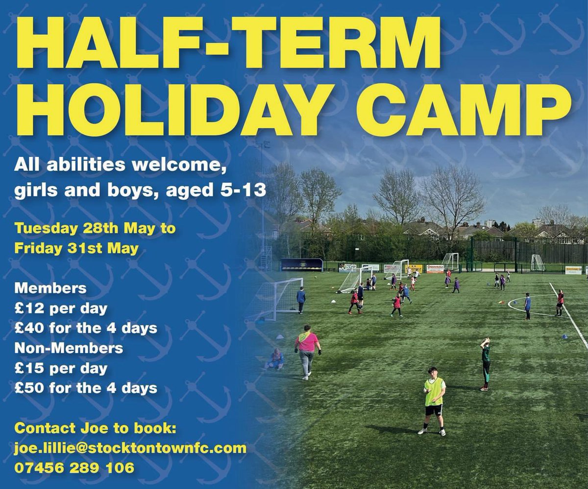 𝗠𝗔𝗬 𝗛𝗔𝗟𝗙 𝗧𝗘𝗥𝗠 𝗛𝗢𝗟𝗜𝗗𝗔𝗬 𝗖𝗔𝗠𝗣 ⚽️ If you are interested in booking a place for your child/children, please contact Joe Lillie on the details below. ✉️ joe.lillie@stocktontownfc.com 📞 07456289106 #UTA⚓️