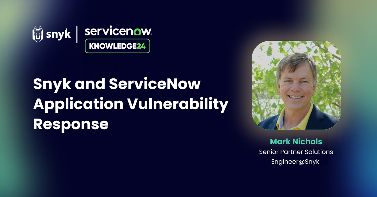 Join Snyk's Mark Nichols at @ServiceNow's #Know24 to learn how Snyk for ServiceNow Application Vulnerability Response gives #AppSec teams a single view of open source & code vulnerabilities delivered seamlessly into a ServiceNow workflow. bit.ly/4dyoV83