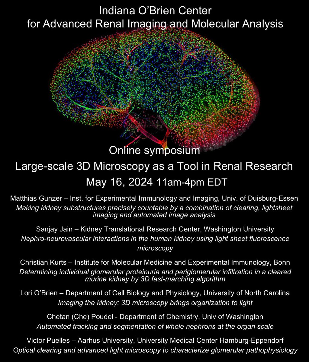 AshkarLab's tweet image. The Indiana O’Brien Center is hosting a virtual symposium on Large-scale 3D imaging. Get to know methodologies such clearing, light sheet microscopy, automated analysis and how to make sense of it all! Superb speakers!
Register here: iu.zoom.us/webinar/regist…
