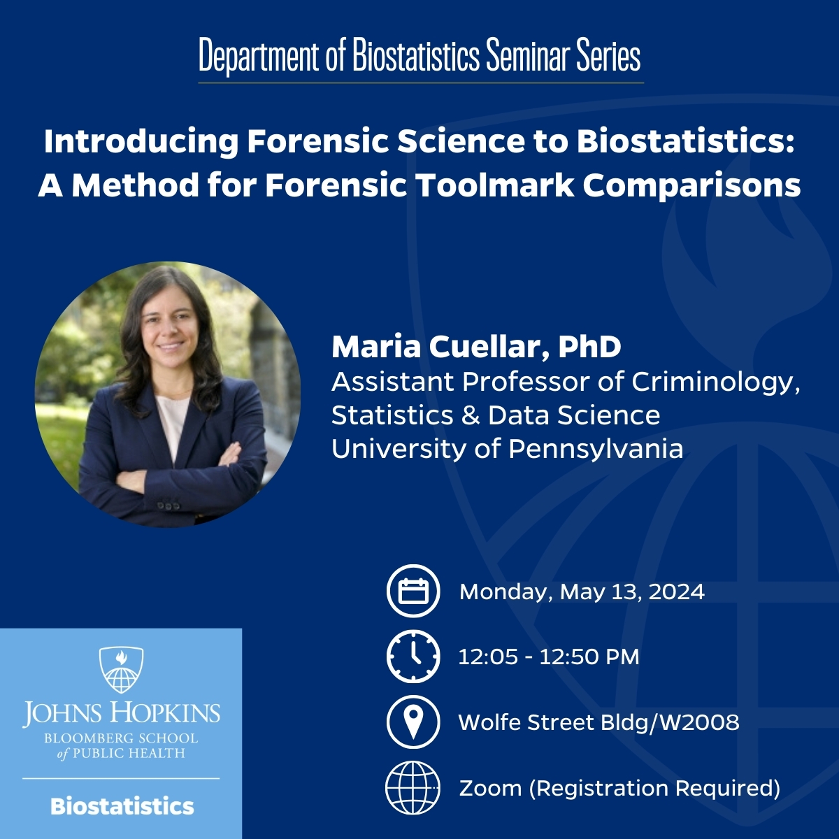 Join us next Monday, May 13, for our seminar with speaker @maria__cuellar, Asst. Prof. of Criminology, Statistics & Data Science @Penn. Register online to watch via Zoom: publichealth.jhu.edu/events/2024/bi…