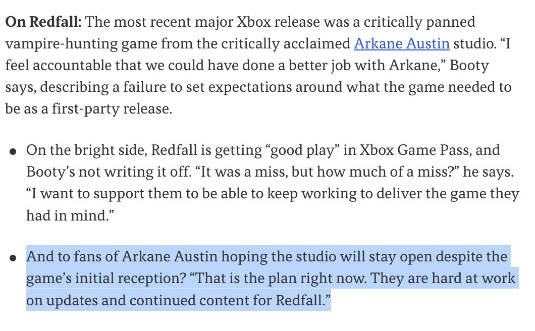 Flashback to my conversation with Xbox studios chief Matt Booty last June, when I asked if Arkane Austin would remain open despite Redfall's rough launch 'That is the plan right now. They are hard at work on updates and continued content for Redfall.” axios.com/newsletters/ax…