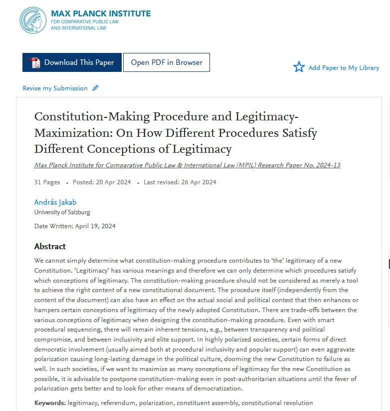 Can postponing constitution-making in polarized contexts actually strengthen a future Constitution's legitimacy?In #Mpil Research Paper Series Nr 2024-13 András Jakab examines how #constitutionmaking procedures affect conceptions of #legitimacy. 👉is.gd/ndGbVl