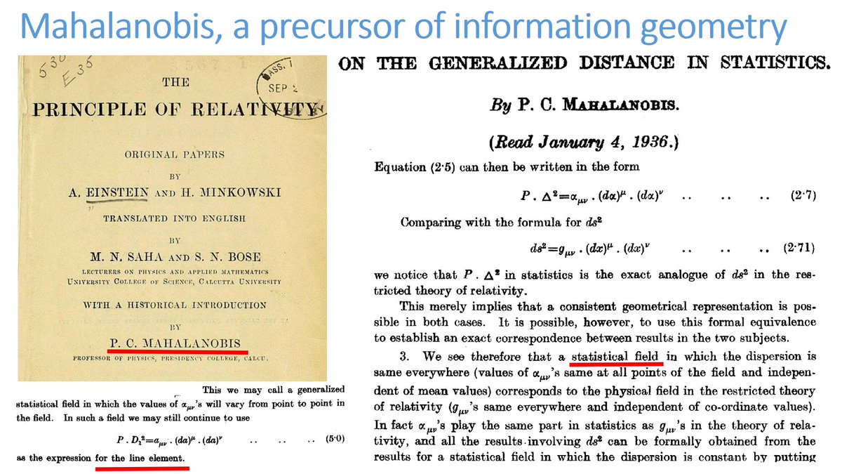 Prof. Mahalanobis (famous for Mahalanobis Δ^2 distance) mentions analogy with relativity: model space of distributions by a 'statistical field' ! Introduced work of Einstein and Minkowski, english translation published by the university of Calcutta. 👉 franknielsen.github.io/IG/