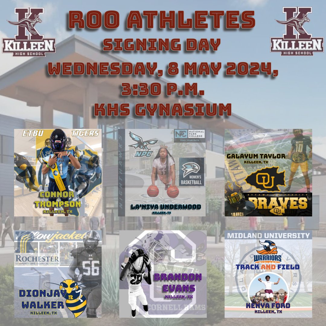 KHS Kangaroos Booster Club (@kangarooskhs) on Twitter photo @KHSRoosfamily come and support our Roo athletes in celebrating a milestone in their academic and athletic careers. Their Signing Day!!! <a href="/KNCT_SPORTS/">I14Sports/knctsports</a> <a href="/KWKTFOX44/">KWKT FOX 44</a> <a href="/6NewsCTX/">KCENNews</a> <a href="/kwtx/">KWTX News 10</a> <a href="/KDHsports/">KDH Pressbox</a> <a href="/KilleenISD_/">KISD Sports</a> @AthleticsKISD <a href="/KangarooTrack/">KHS Track & XC</a> <a href="/KHSRoosFootball/">Killeen Kangaroos FB</a> <a href="/KHSLadyRooBball/">Killeen Lady Roo Basketball</a> <a href="/coachsadler/">Josh Sadler</a> @KHSRoosfamily come and support our Roo athletes in celebrating a milestone in their academic and athletic careers. Their Signing Day!!! <a href="/KNCT_SPORTS/">I14Sports/knctsports</a> <a href="/KWKTFOX44/">KWKT FOX 44</a> <a href="/6NewsCTX/">KCENNews</a> <a href="/kwtx/">KWTX News 10</a> <a href="/KDHsports/">KDH Pressbox</a> <a href="/KilleenISD_/">KISD Sports</a> @AthleticsKISD <a href="/KangarooTrack/">KHS Track & XC</a> <a href="/KHSRoosFootball/">Killeen Kangaroos FB</a> <a href="/KHSLadyRooBball/">Killeen Lady Roo Basketball</a> <a href="/coachsadler/">Josh Sadler</a>