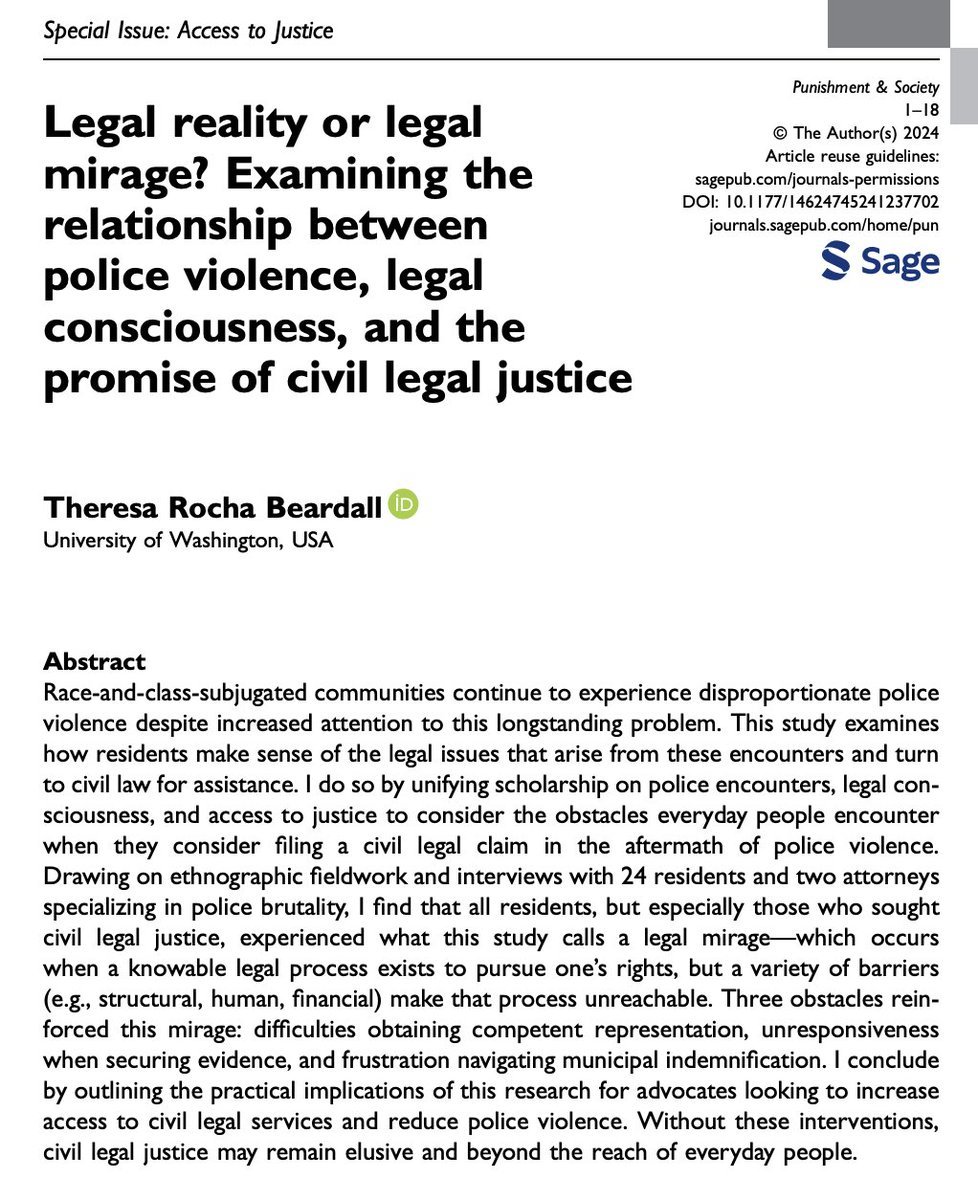 NEW POLICING PUB⚡️ As attention to police violence grows, the civ legal support for residents they harm stagnates, illustrating what I call a legal mirage—a knowable legal process exists to pursue your rights, but a variety of structural/human/$ barriers make it unreachable. 1/7