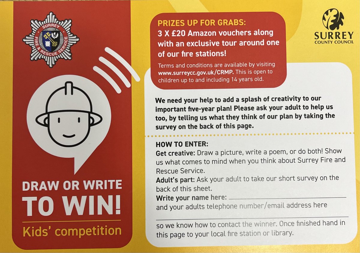 KIDS' COMPETITION! Look out for the Surrey Fire & Rescue Service (SFRS) kids' competition entry forms in our library. All you need to do is draw a picture, write a poem or both and you could win a tour around a fire station or an Amazon voucher! @SurreyLibraries @SurreyFRS