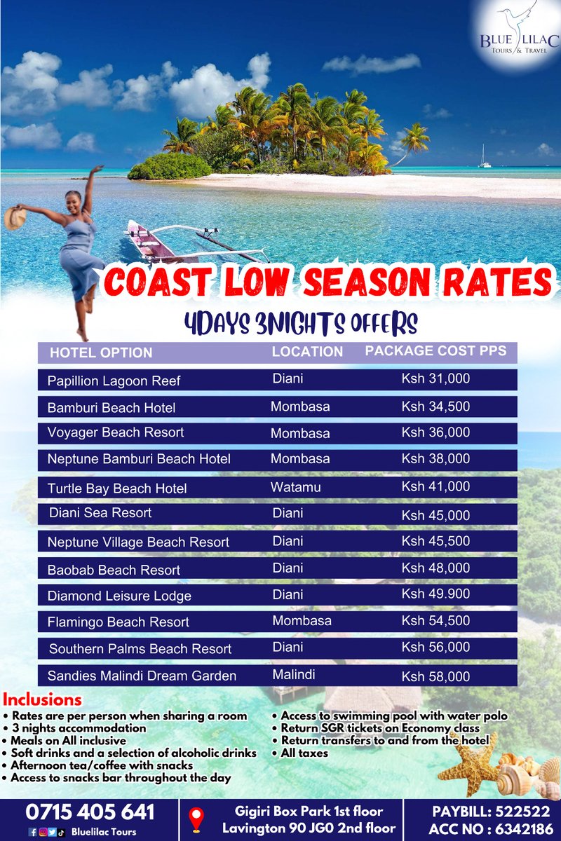 #bestholidaypartner
Embrace the tranquil beauty of #Mombasa during its serene low season. 🌴☀️

For Bookings
☎️ C𝗮𝗹𝗹/Text/W𝗵𝗮𝘁𝘀𝗮𝗽𝗽: +254 715 405641
📧 Email: info@bluelilactours.com
🌍 Website: bluelilactours.com

#diani #vacation #beach #malindi #watamu #kilifi #x