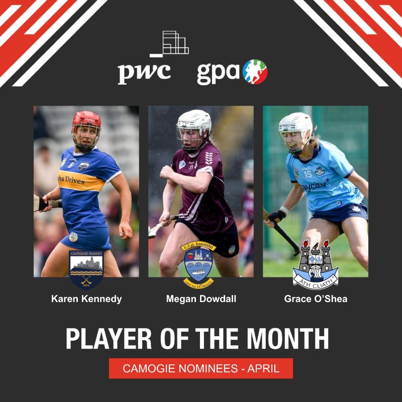 Here are your nominees for the PwC / @gaelicplayers Camogie Player of the Month for April: ⭐ Karen Kennedy - @camogietipp ⭐️ Megan Dowdall - @WestmeathCamogi ⭐️ Grace O’Shea - @CamogieDublin Let us know your winner below 👇 #PwCCamogieAllStars