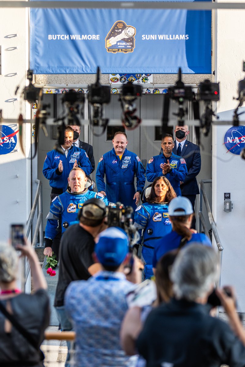 the_space_nut's tweet photo. Prior to yesterday’s scrub, here are some scenes from yesterday’s walk out of Butch Wilmore and @Astro_Suni for their departure to SLC-41. 

📸: Me for @WeAreSpaceScout 
#CFT #Starliner https://t.co/tTq00bHIuQ