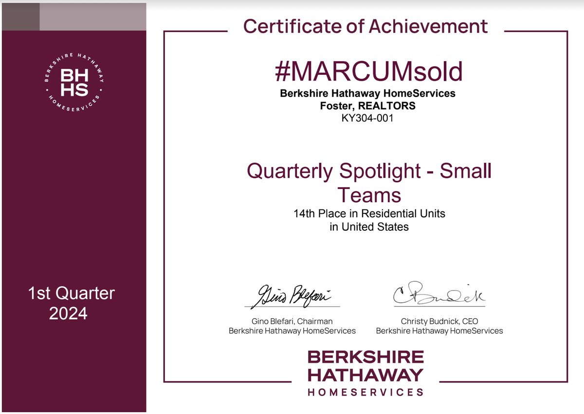 🎉Congrats to the #MARCUMsold team for their outstanding achievement of winning 3 #BHHS Quarterly Spotlight Awards!

Keep shining bright and exceeding expectations! 🏆
 
#RealEstateSuccess #BHHSFosterRealtors #RichmondKY