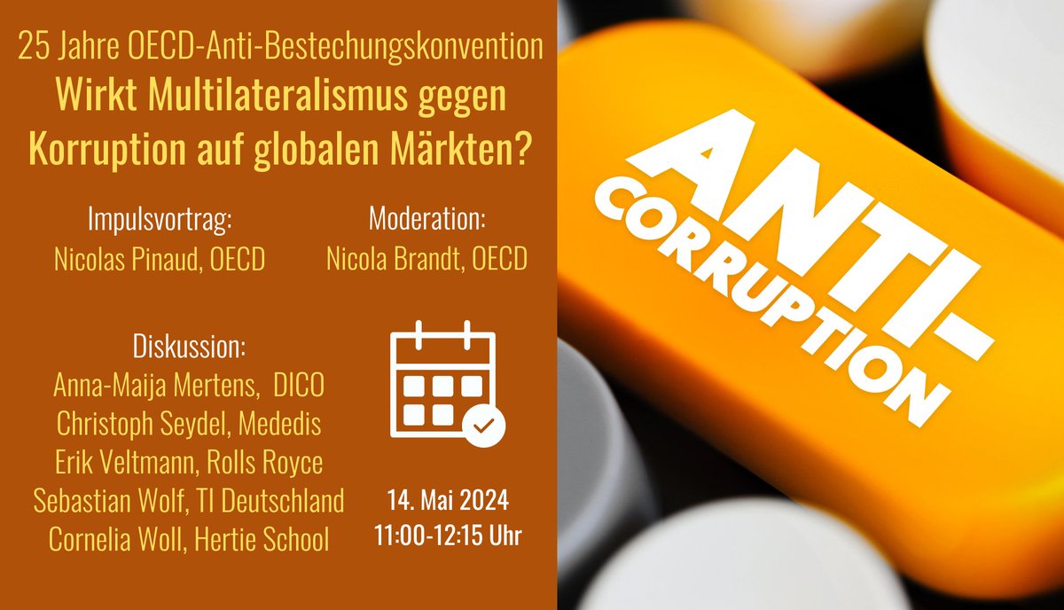 Die OECD-Anti-Bestechungskonvention wird 25. Anlässlich dieses Jubiläums laden wir Sie herzlich ein zu unserem Webinar "Wirkt Multilateralismus gegen Korruption auf globalen Märkten?" Diskutieren Sie mit!
Anmeldung 👉 events.oecd-berlin.de/326