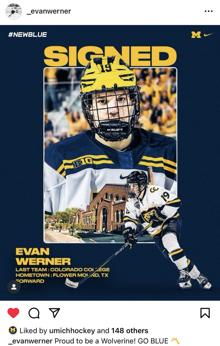 Join us in welcoming F Evan Werner to the @umichhockey family!

The native Texan just completed his freshman season at CC, where he played in every game and earned top-line minutes while finishing 3rd in scoring with 19 points (6G/13A).

Another useful addition! 〽️ #FutureBlue