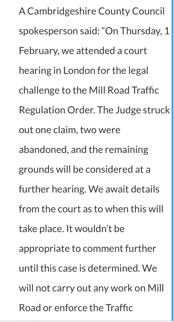 Statement by @CambsCC on the Mill Road TRO statutory challenge judgment: ‘The Judge struck out one claim, two were abandoned, and the remaining grounds will be considered at a further hearing.’ cambridgeshire.gov.uk/news/a-stateme…
