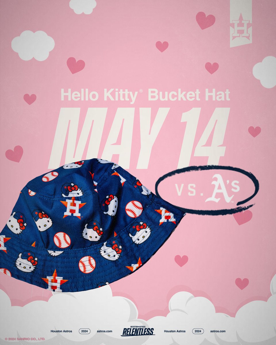 A supercute night awaits you!

Join us for Hello Kitty Night and take part in pre-game activities! 10,000 lucky fans in attendance will receive this Hello Kitty Bucket Hat.

Learn more at astros.com/promotions