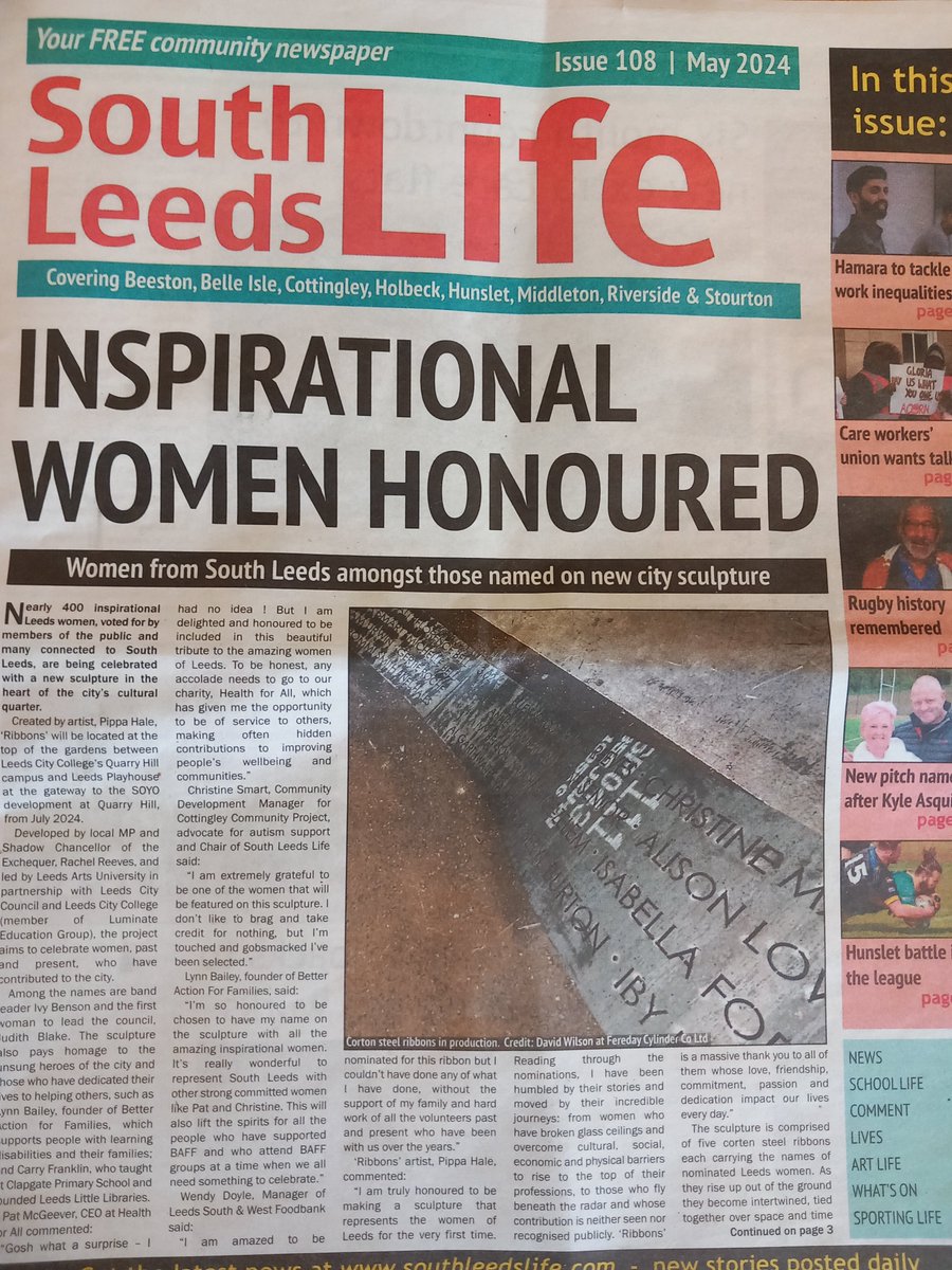 Health for All CEO Pat McGeever was both surprised and honoured to be included in the tribute to all the amazing women of Leeds. Well done to all the inspirational women who were voted for, and appeared on the sculpture!