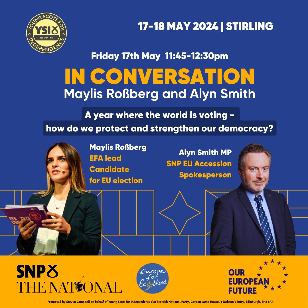 🎉Panel Announcement SNP MP and EU Accession Spokesman @AlynSmith will be chatting with @EFAparty lead candidate @RoMaylis about the upcoming EU and UK elections, and how we can strengthen our democracy. 🎟️Get your conference tickets today eventbrite.com/e/ysi-internat…