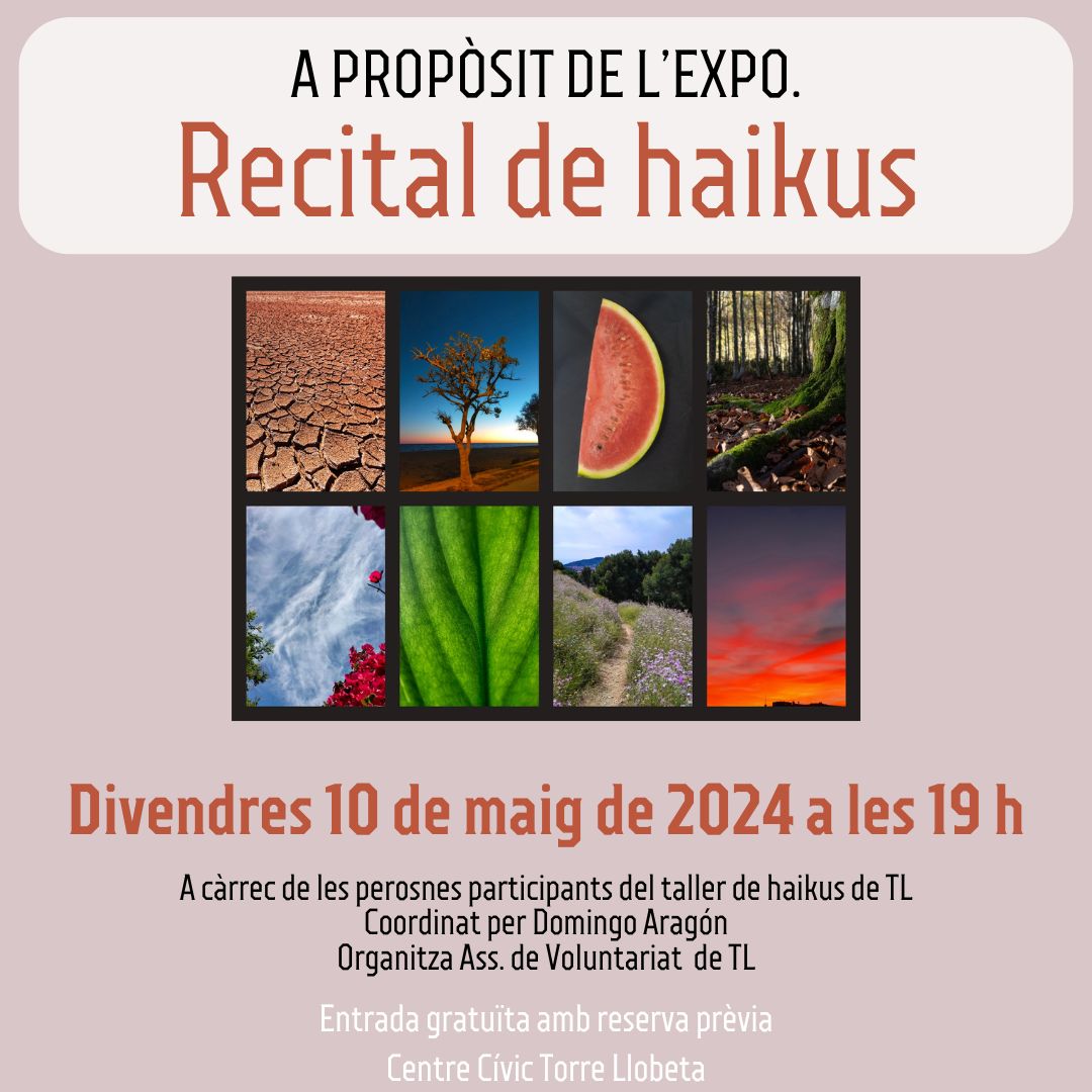 📜 El @cctorrellobeta us convida a un recital de haikus, complement de l'exposició 'Els colors de la vida'.

Breus composicions tan senzilles com belles, a càrrec de Robert Rodríguez i el grup de haiyines de #TorreLlobeta.

Divendres a les 19 h, més info a ow.ly/QVFJ50RyhIW