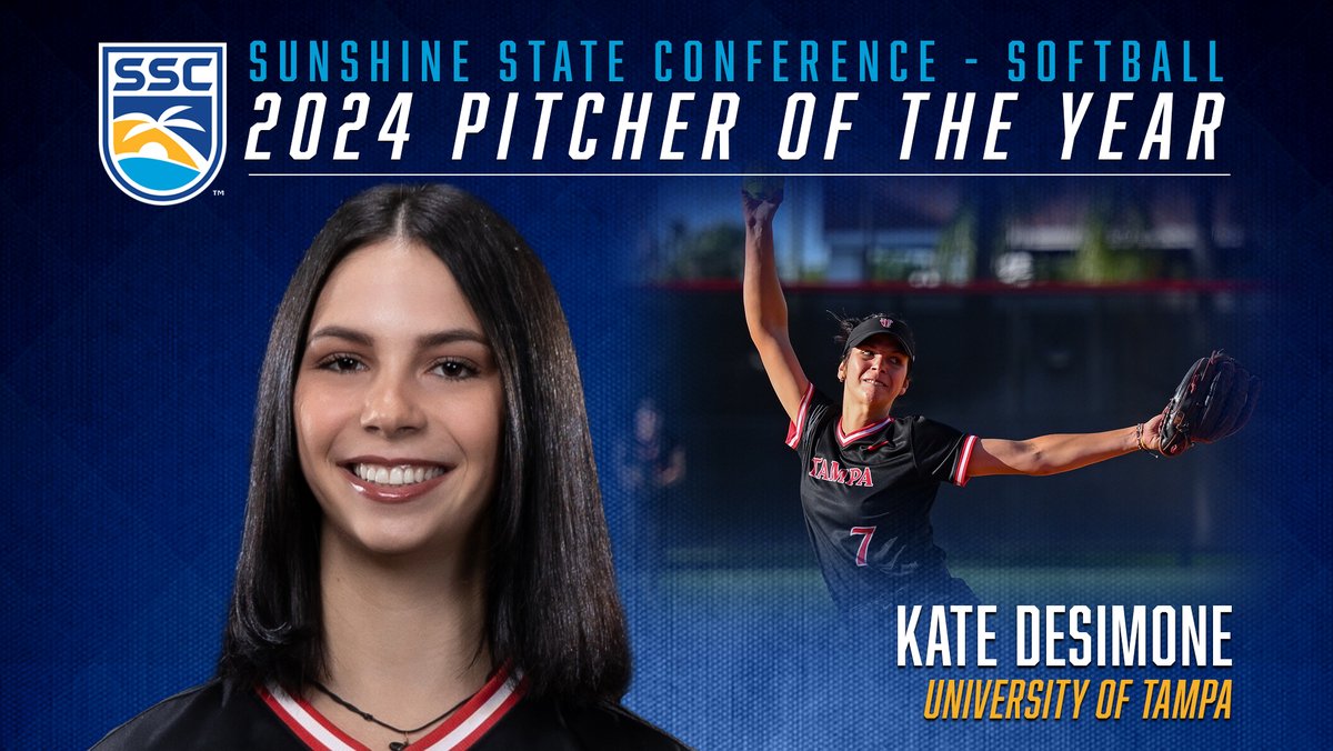 Tampa’s Kate DeSimone is honored as 𝗣𝗶𝘁𝗰𝗵𝗲𝗿 𝗼𝗳 𝘁𝗵𝗲 𝗬𝗲𝗮𝗿! She ended the regular season with an 11-2 record, 99.1 innings pitched, 64 strikeouts, and a 0.99 ERA. DeSimone is the sixth Spartan to win Pitcher of the Year. Full story: bit.ly/3ws2zUT 🌴☀️🌊🥎