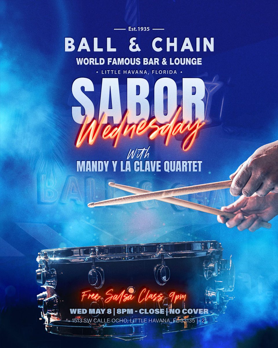 TODAY: #LiveMusic 12 noon to 9 p.m., #HappyHour 4 to 7, plus #Bachatuesday with @DJJorgeCharun + a FREE #BachataClass, 9 

TOMORROW: #SaborWednesday includes Mandy y La Clave + a FREE #SalsaClass!

#supportlocal ballandchainmiami.com
🍍💚