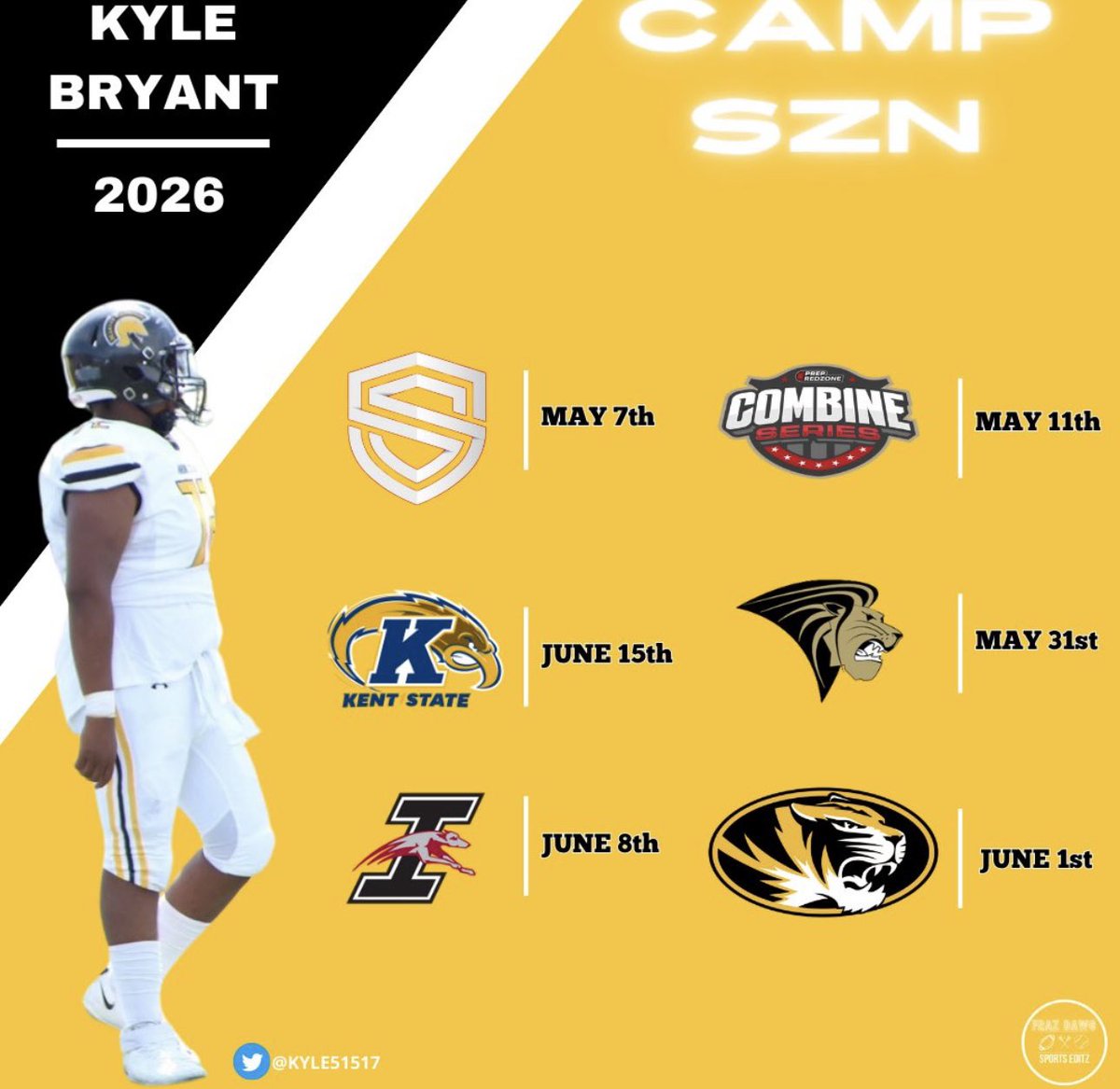 Camp schedule set!! Excited to showcase my talents at a variety of different camps! (The stage showcase Kent state football mega camp Undy mega camp Prep red zone combine series Lindenwood university mega camp)