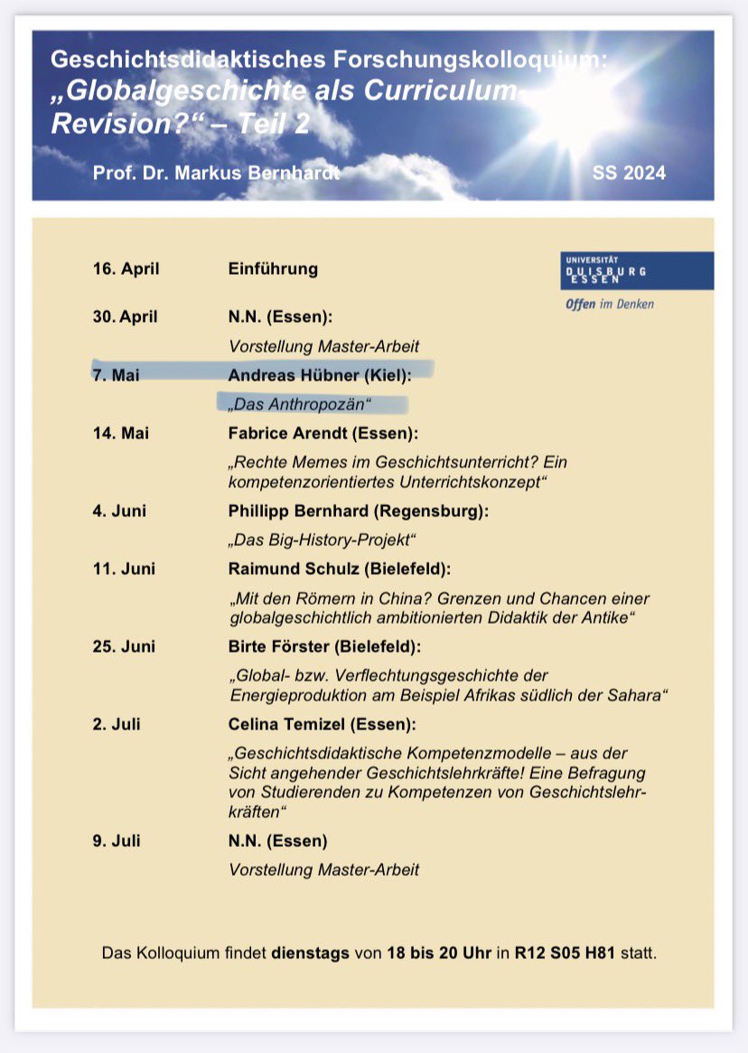 Wir freuen uns schon sehr darauf, in unserem geschichtsdidaktischen #Forschungskolloquium heute Abend @his_huebner empfangen zu dürfen. Der Vortragstitel lautet „Das #Anthropozän“ und reiht sich somit nahtlos ein in unsere Thematik #Globalgeschichte als #Curriculumrevision (?)
