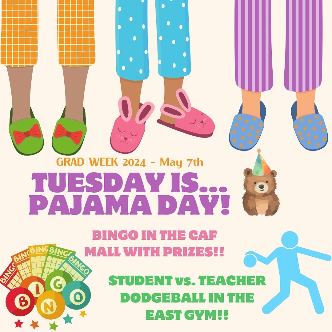 It’s PJ day for grad week. And more gr 12 fun as well. In the east gym at lunch grade 12 can play dodgeball against the teachers, or they can head to the caf mall and play bingo for prizes. #wagnerwarriors #cs