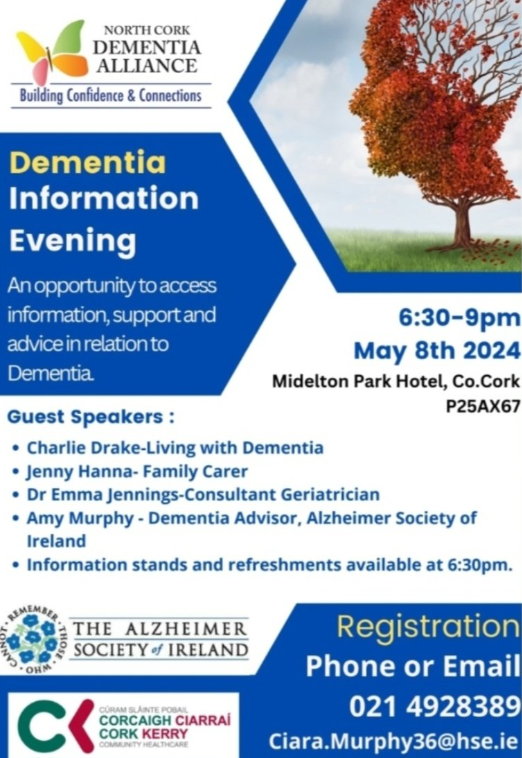 📢Free Community Dementia Information Evening Comes To Midleton ➡️Hear from Guest Speakers, and gain key information on support and advocacy services 📅Tomorrow! 8 May 🕔6.30-9pm 📍Midleton Park Hotel