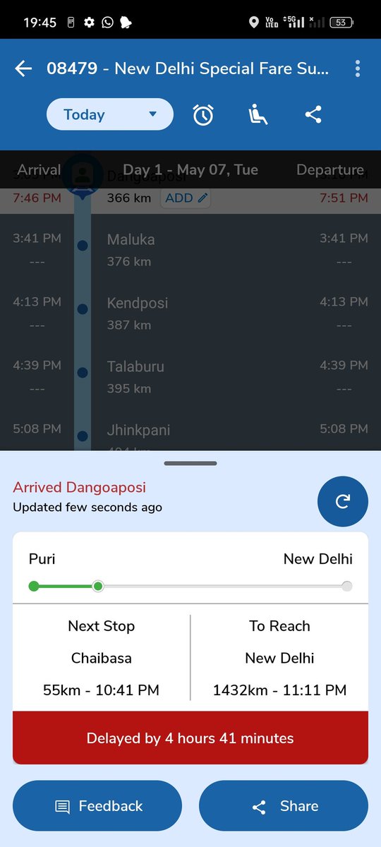@RailMinIndia @RailMinIndia @RailwaySeva @Central_Railway @AshwiniVaishnaw @railwayminister why Puri NDLS SPL 08479 train 5 hour late on its way, still it was frequently stopping on the way, when will we reach
how much it will delay
kindly do necessary steps to reach destination