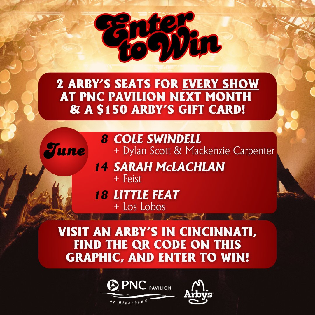 Congratulations to our @Arbys winner Shahriar M. who scored 2 tickets to every PNC Pavilion show in May and a $150 Arby's gift card! YOU could be our next winner that scores tickets to these PNC Pavilion shows plus the $150 Arby's gift card. Visit your local Arby's to enter!