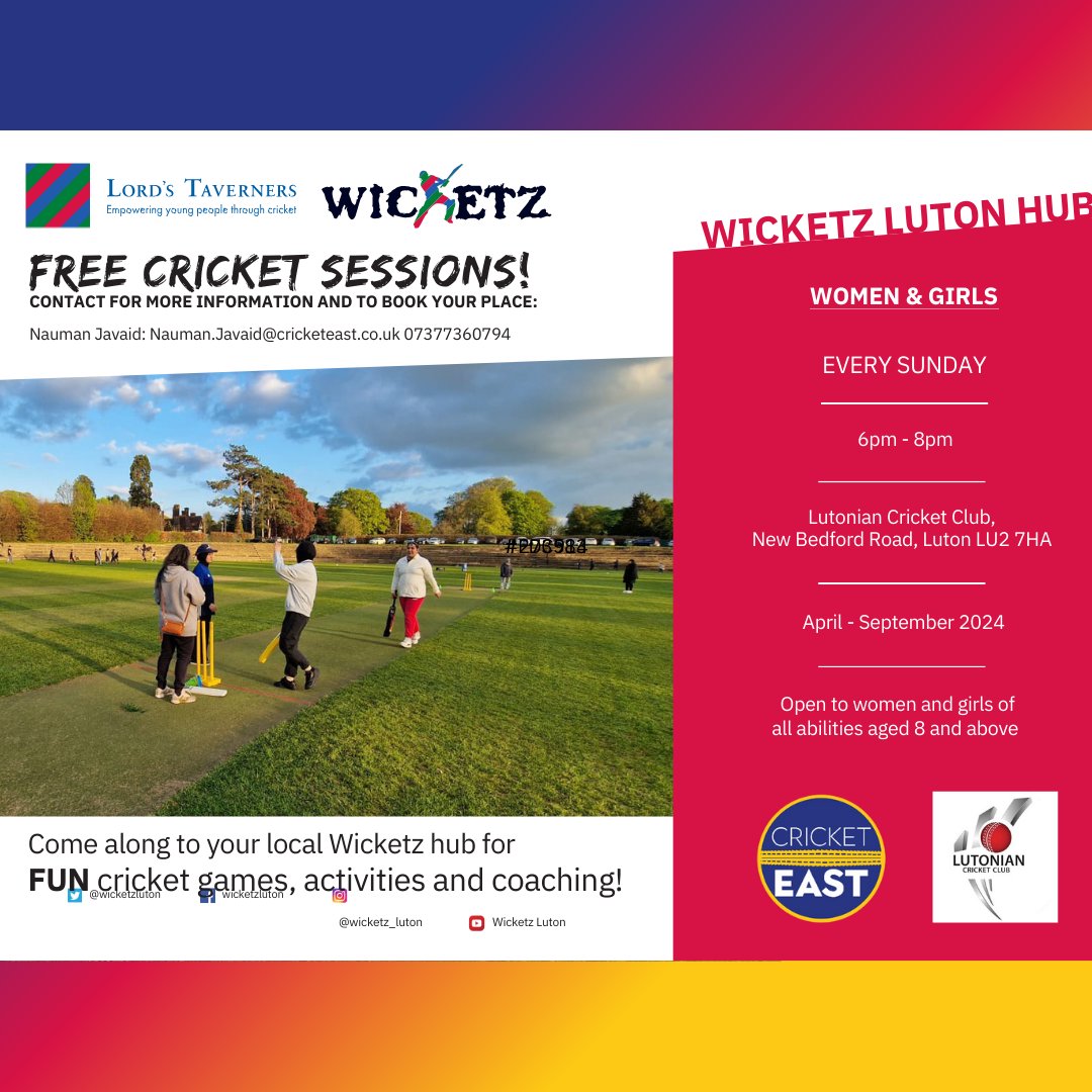 Check out our Womens & Girls @WicketzLuton sessions happening in Luton! 🔥 All free and happening every Sunday until September.