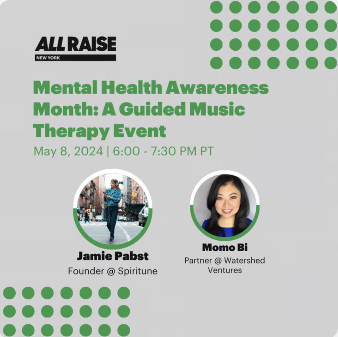 Excited to join Momo Bi of Watershed VC and the @AllRaise community in NYC tomorrow to highlight the incredible benefits music has on our mental health + guide guests through a @Spiritune1 listening session. Hope to see you there! RSVP with this link lu.ma/ar-ny-musicthe…
