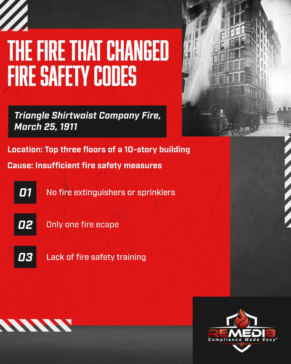 Historical Progress: The 1911 Triangle Shirtwaist Company Fire catalyzed crucial fire safety reforms, transforming disaster into a legacy of life-saving regulations and building codes.

#SafetyFirst #BuildingCodes #HistoricalMilestones