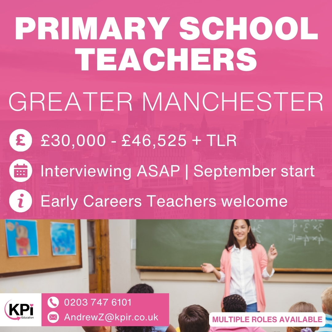 🎒PRIMARY SCHOOL TEACHERS IN GREATER MANCHESTER

Multiple roles up to £46,525 + TLR

Early careers teachers & Graduates welcome to apply.

Call 0203 747 6101 or email AndrewZ@kpir.co.uk for more information.

#TeachingJobs #EducationJobs #ManchesterJobs #ManchesterTeachers #ECT