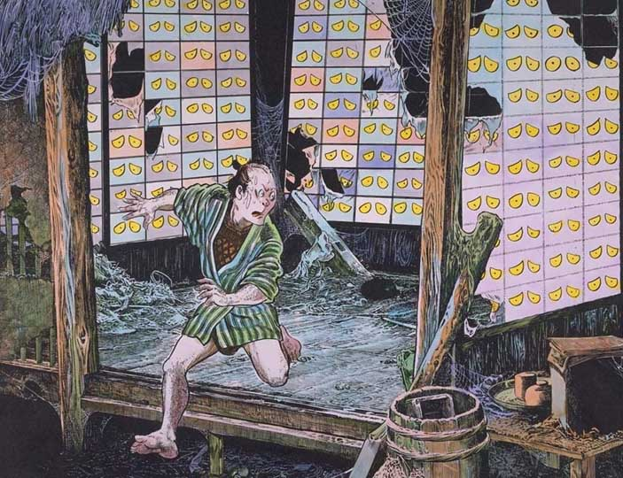 Mokumokure, ojos espectrales que aparecen en las viejas puertas corredizas japonesas: grimoriodebestias.blogspot.com/2024/05/mokumo… #FolkloreThursday 

Ilustración de Shigeru Mizuki.