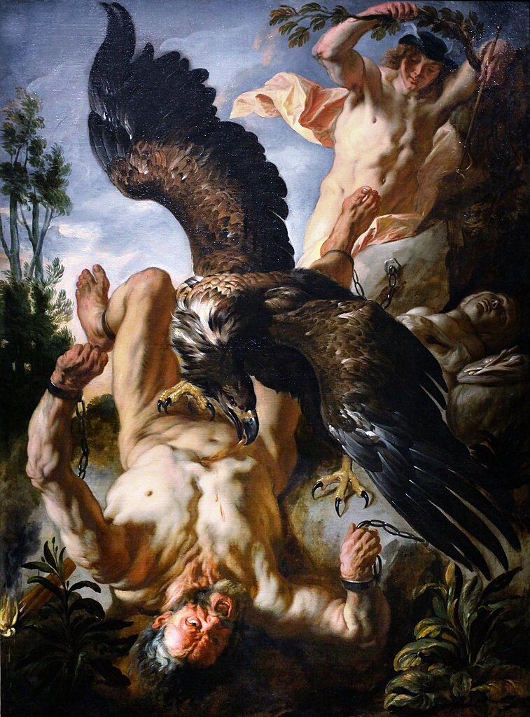 According to the first, he was clamped to a rock in the Caucasus for betraying the secrets of the gods to men, and the gods sent eagles to feed on his liver, which was perpetually renewed... ✍️from'Prometheus' by Franz Kafka(1883-1924) 🎨Jacob Jordaens(1593-1678)Prometheus Bound